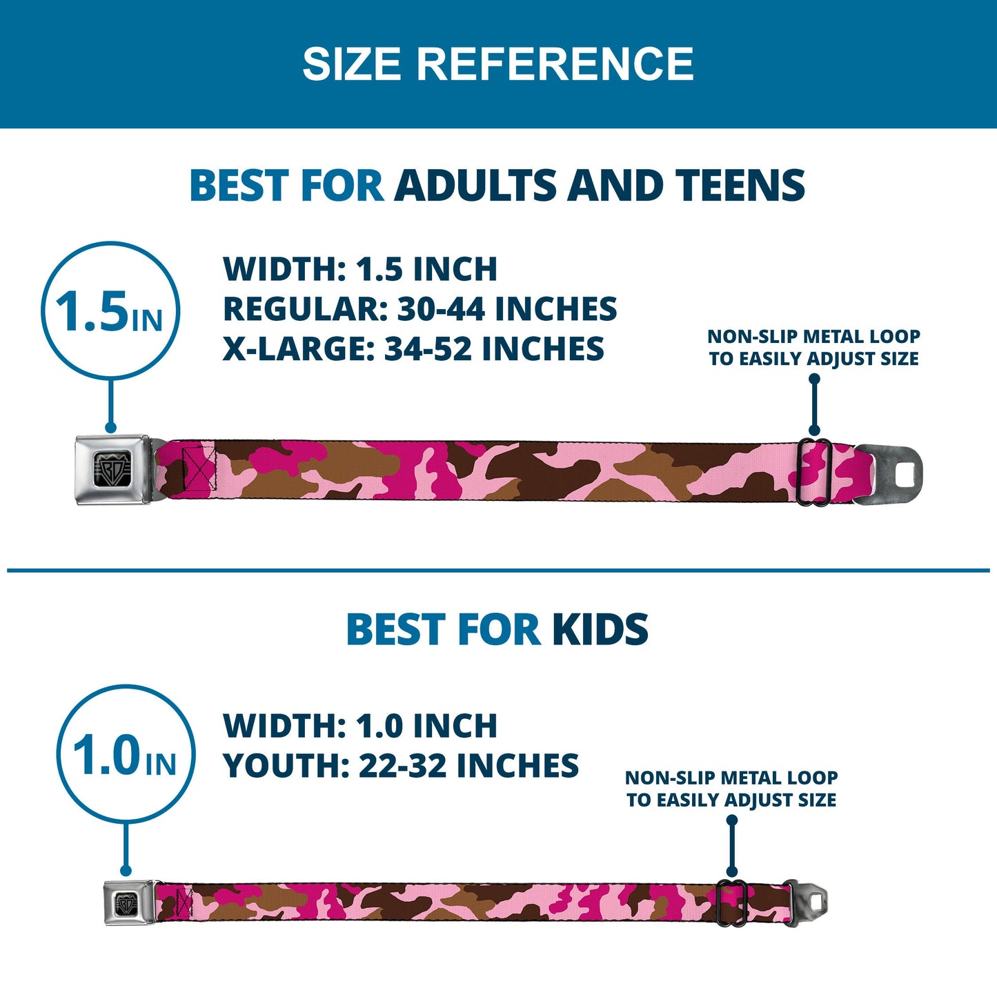 BD Wings Logo CLOSE-UP Full Color Black Silver Seatbelt Belt - Camo Pink Webbing