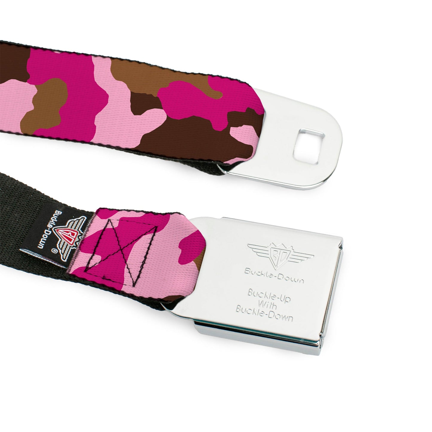 BD Wings Logo CLOSE-UP Full Color Black Silver Seatbelt Belt - Camo Pink Webbing