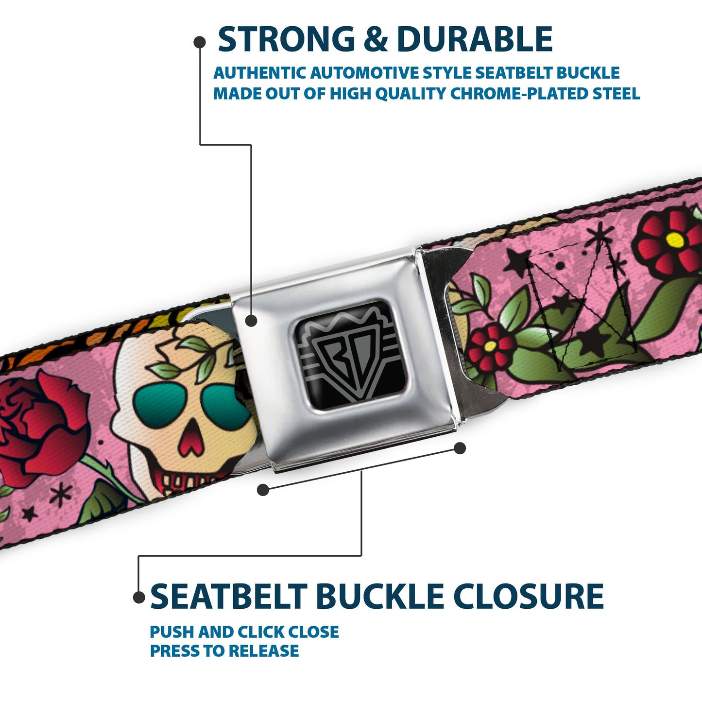 BD Wings Logo CLOSE-UP Full Color Black Silver Seatbelt Belt - Death Before Dishonor Pink Webbing