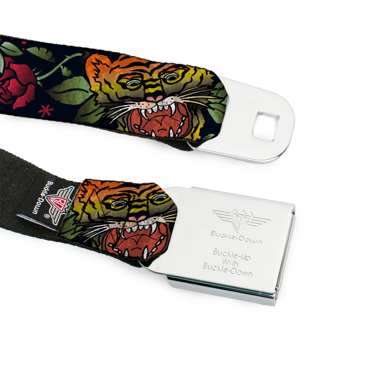 BD Wings Logo CLOSE-UP Full Color Black Silver Seatbelt Belt - Death Before Dishonor CLOSE-UP Black Webbing