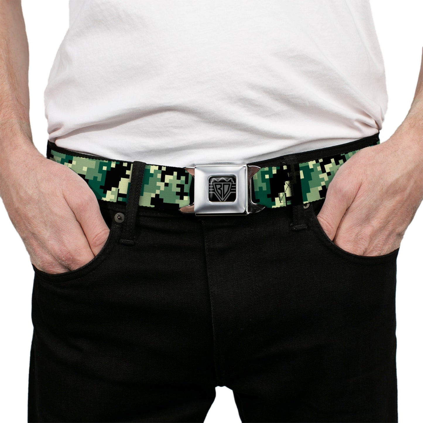 BD Wings Logo CLOSE-UP Full Color Black Silver Seatbelt Belt - Digital Camo Webbing