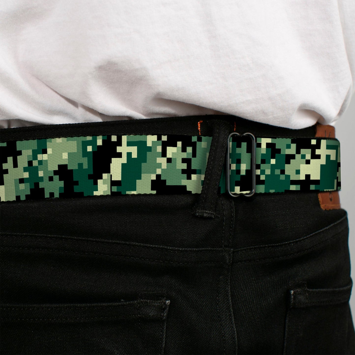 BD Wings Logo CLOSE-UP Full Color Black Silver Seatbelt Belt - Digital Camo Webbing