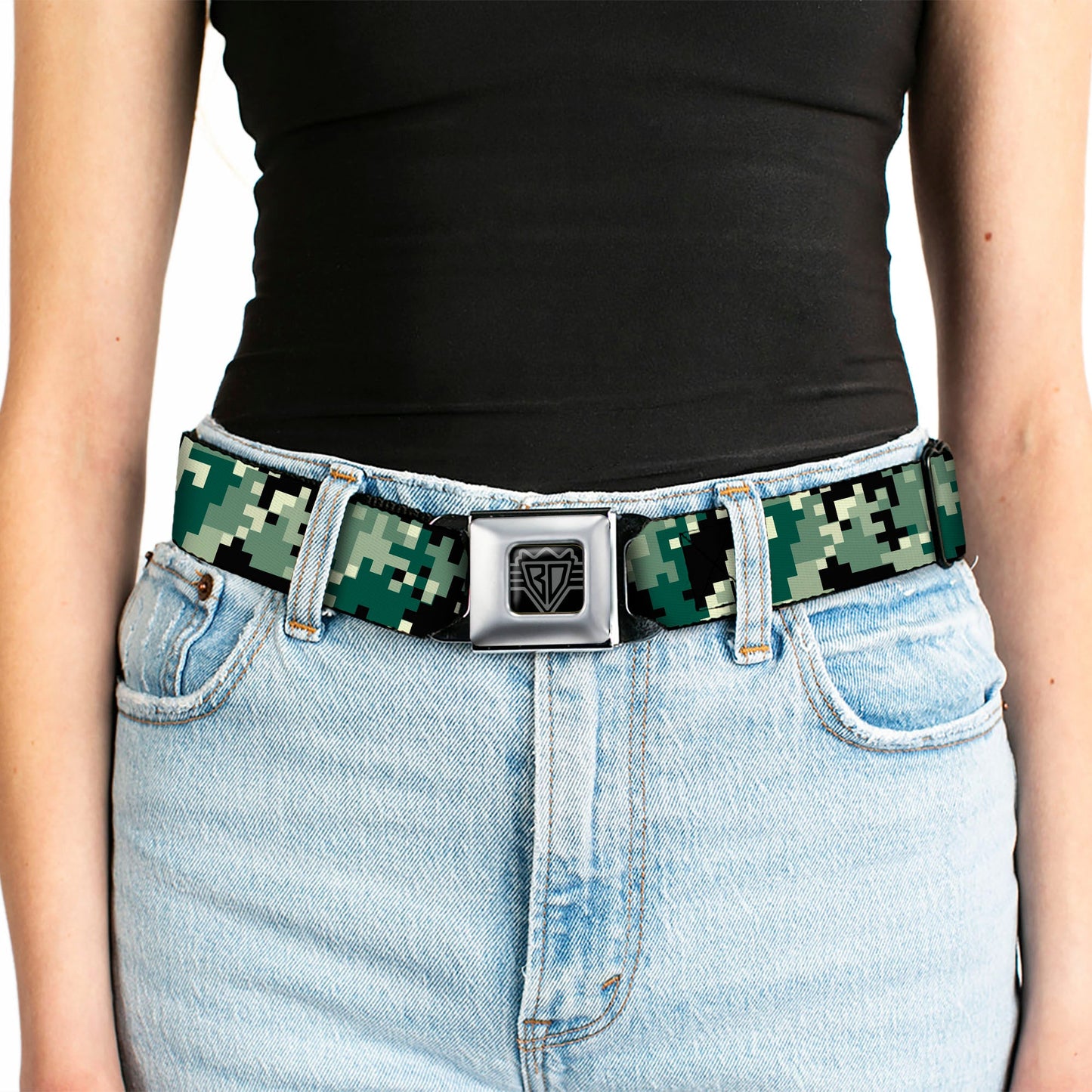 BD Wings Logo CLOSE-UP Full Color Black Silver Seatbelt Belt - Digital Camo Webbing