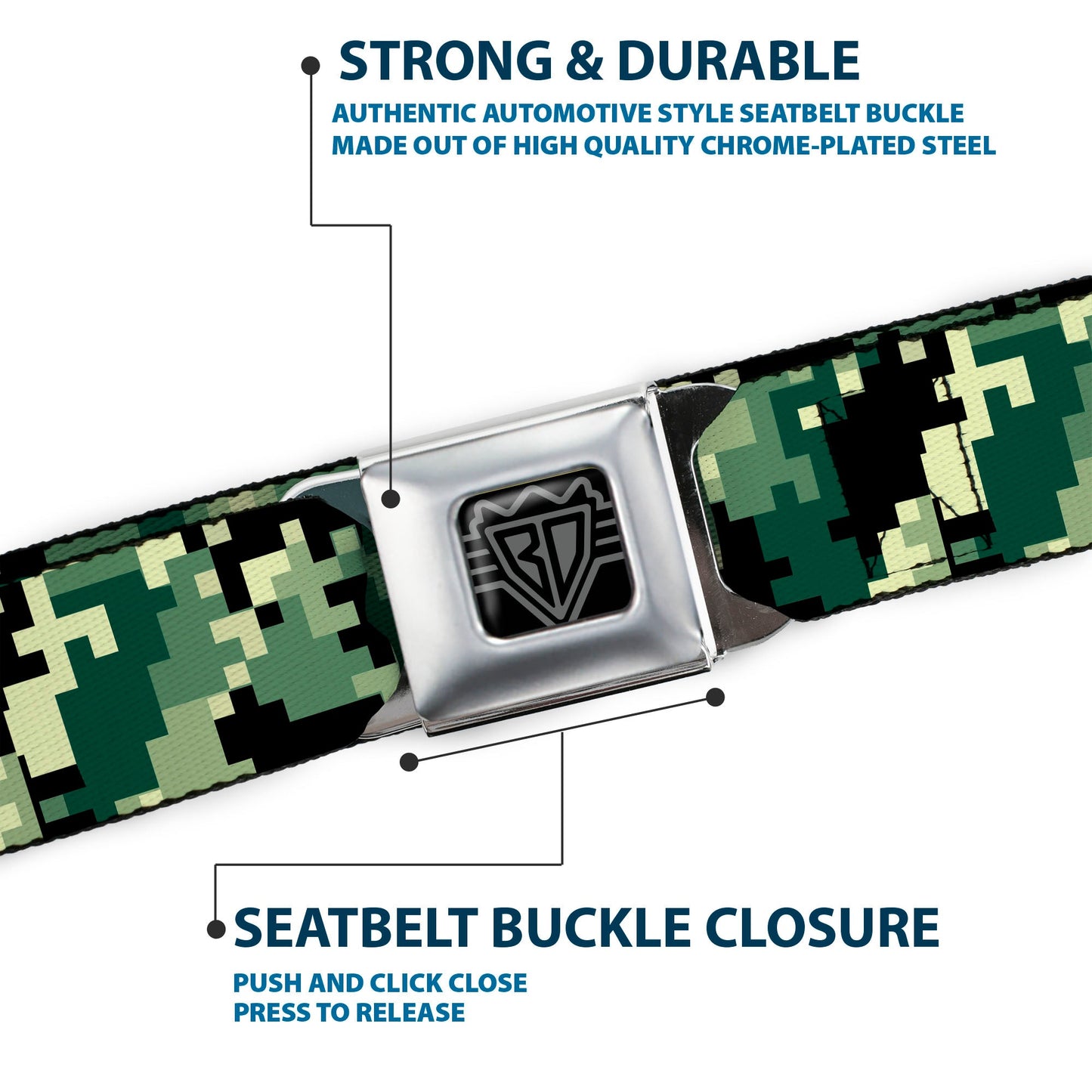 BD Wings Logo CLOSE-UP Full Color Black Silver Seatbelt Belt - Digital Camo Webbing