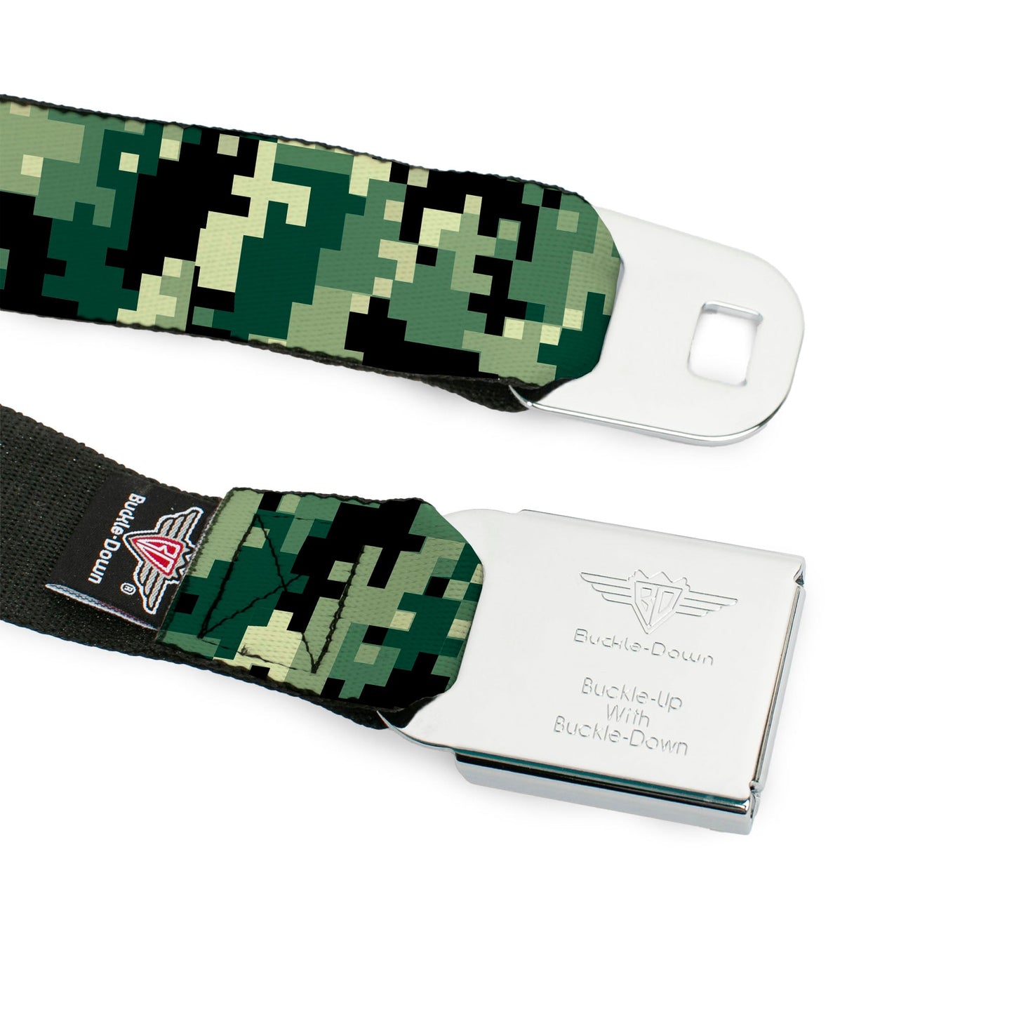 BD Wings Logo CLOSE-UP Full Color Black Silver Seatbelt Belt - Digital Camo Webbing