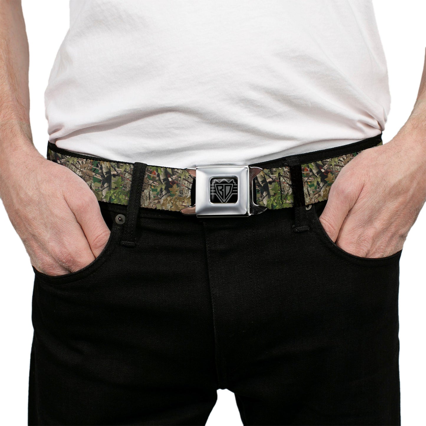 BD Wings Logo CLOSE-UP Full Color Black Silver Seatbelt Belt - Hunting Camo Webbing