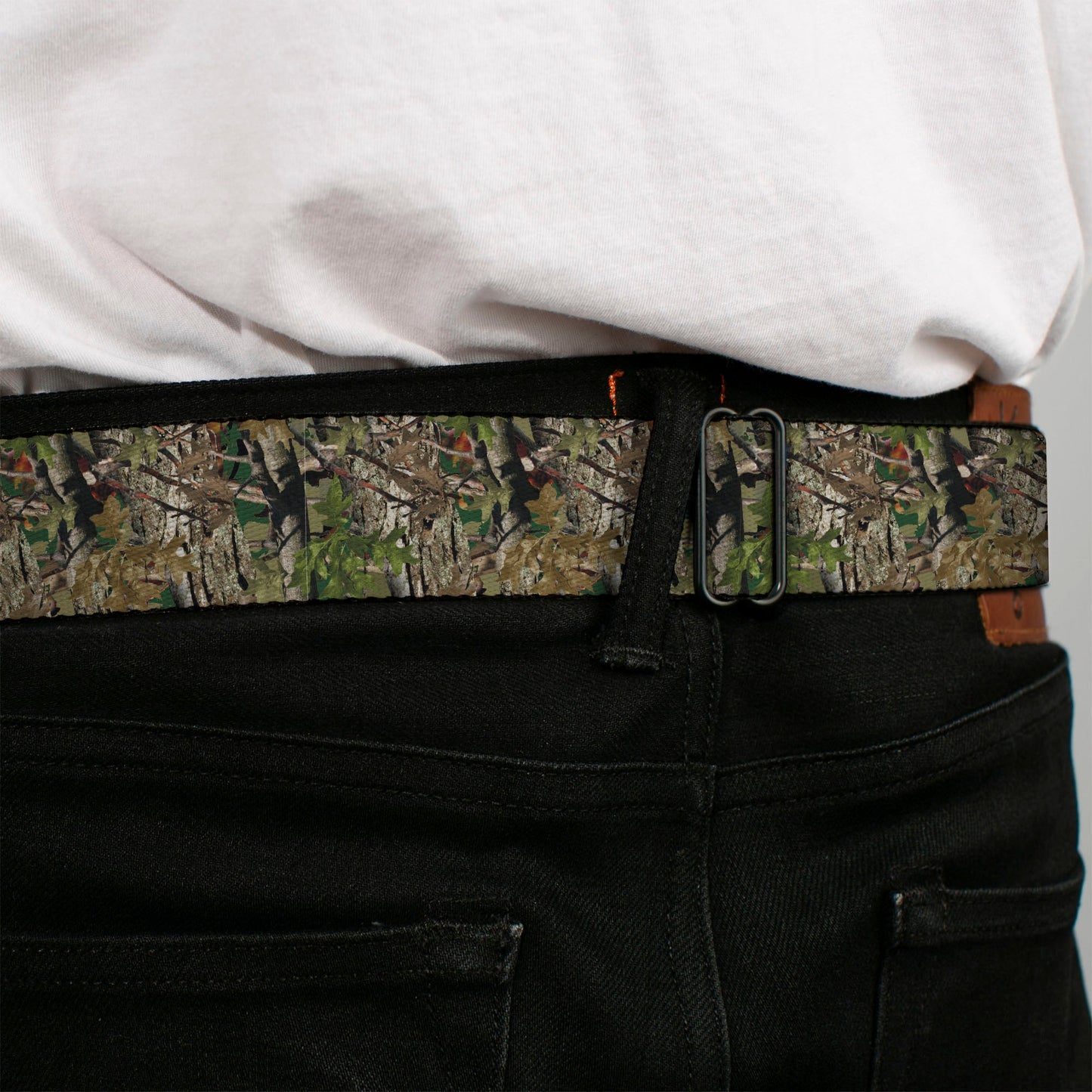 BD Wings Logo CLOSE-UP Full Color Black Silver Seatbelt Belt - Hunting Camo Webbing