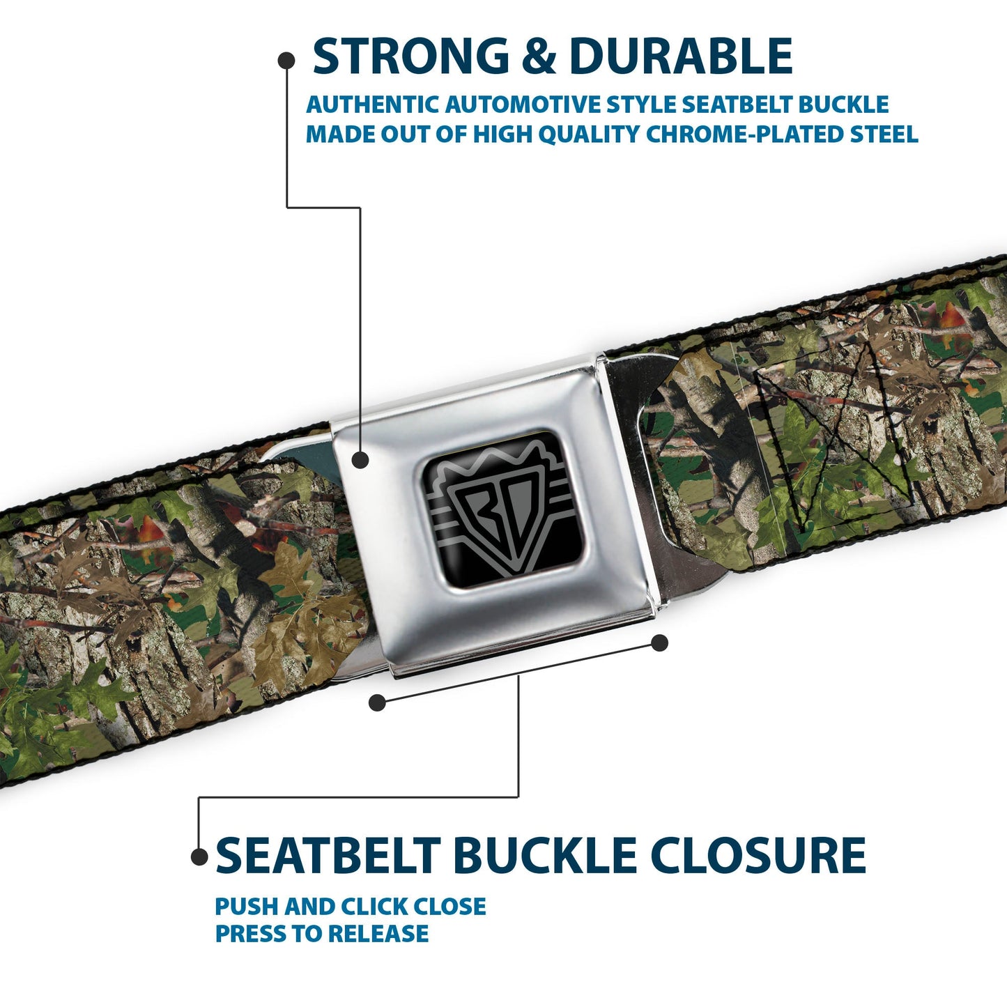 BD Wings Logo CLOSE-UP Full Color Black Silver Seatbelt Belt - Hunting Camo Webbing