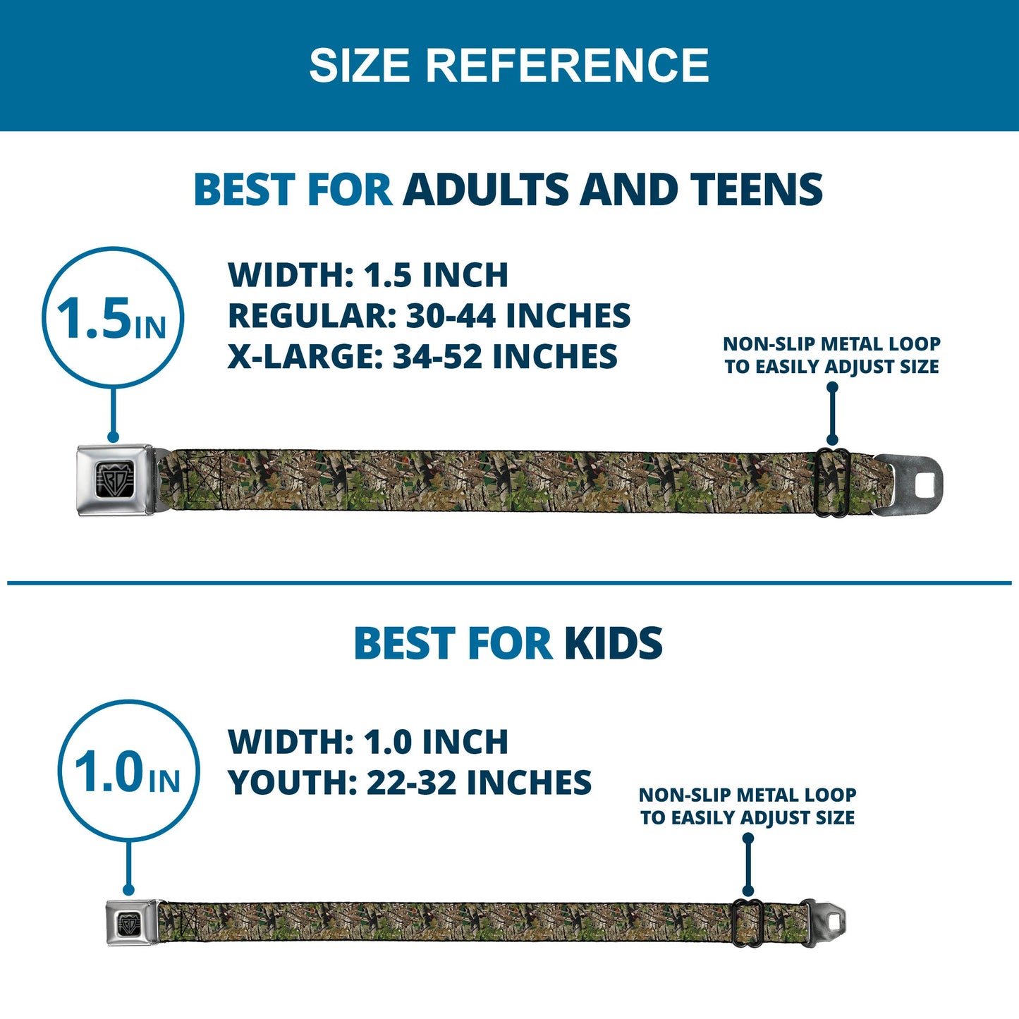 BD Wings Logo CLOSE-UP Full Color Black Silver Seatbelt Belt - Hunting Camo Webbing