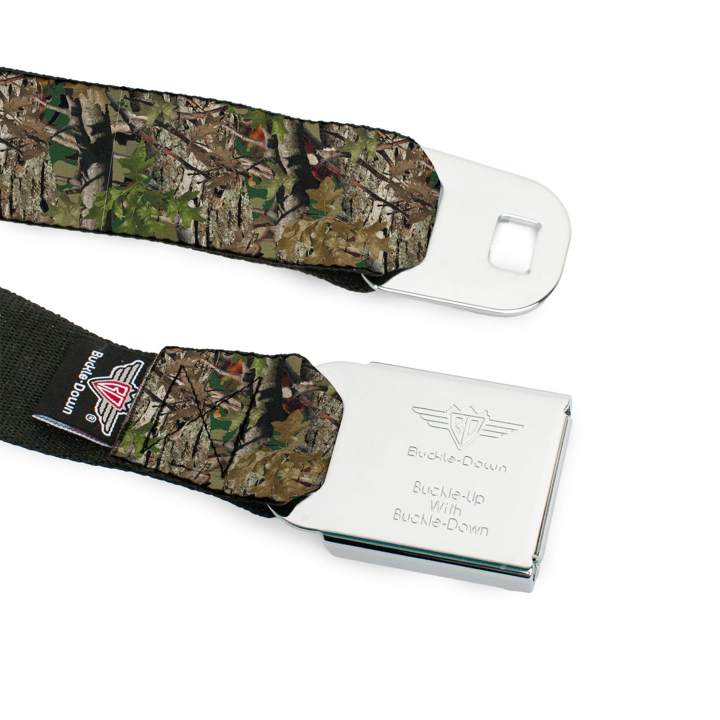 BD Wings Logo CLOSE-UP Full Color Black Silver Seatbelt Belt - Hunting Camo Webbing