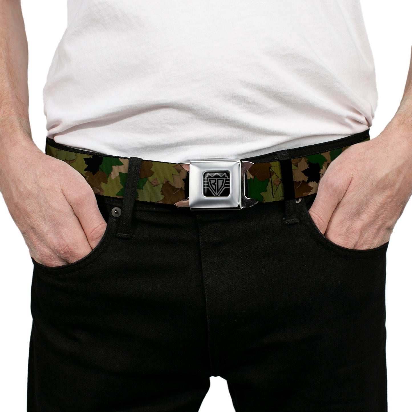 BD Wings Logo CLOSE-UP Full Color Black Silver Seatbelt Belt - Leaf Camo Browns/Greens/Black Webbing