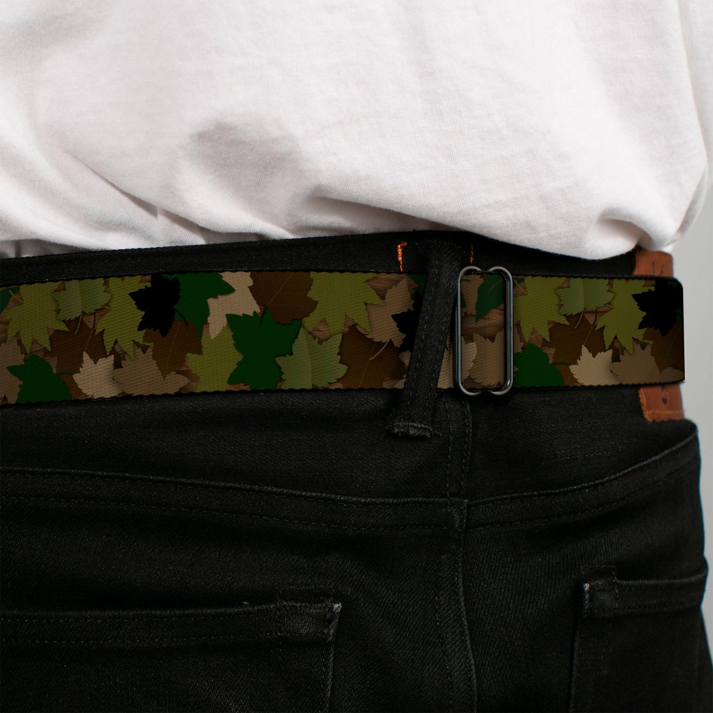 BD Wings Logo CLOSE-UP Full Color Black Silver Seatbelt Belt - Leaf Camo Browns/Greens/Black Webbing