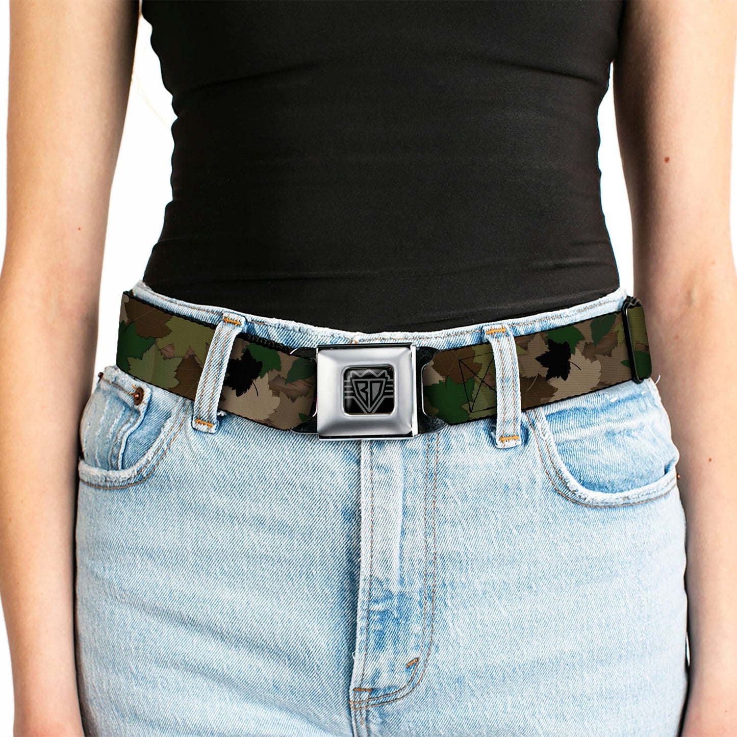 BD Wings Logo CLOSE-UP Full Color Black Silver Seatbelt Belt - Leaf Camo Browns/Greens/Black Webbing