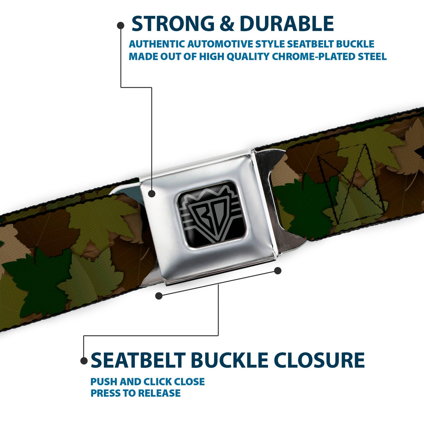 BD Wings Logo CLOSE-UP Full Color Black Silver Seatbelt Belt - Leaf Camo Browns/Greens/Black Webbing