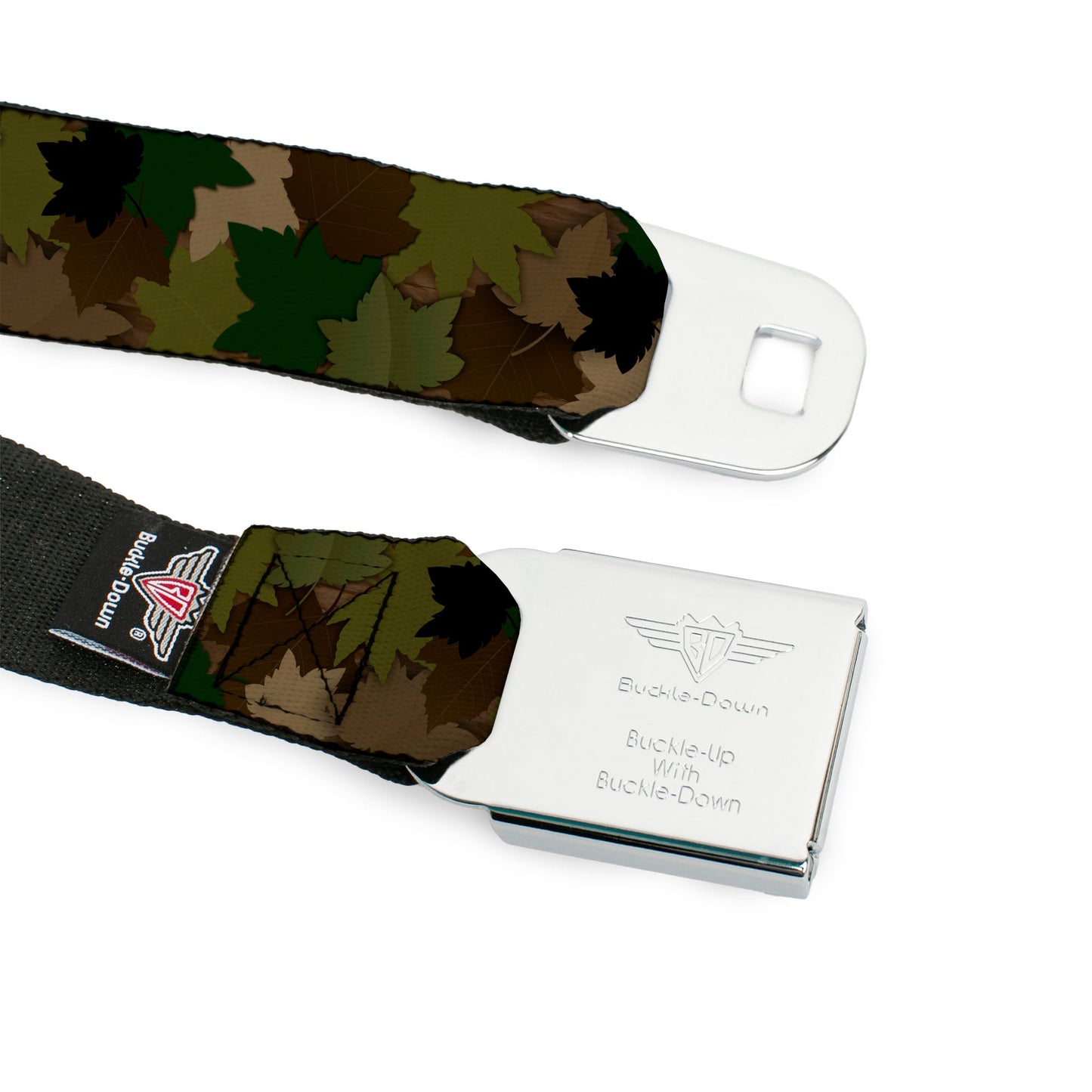 BD Wings Logo CLOSE-UP Full Color Black Silver Seatbelt Belt - Leaf Camo Browns/Greens/Black Webbing