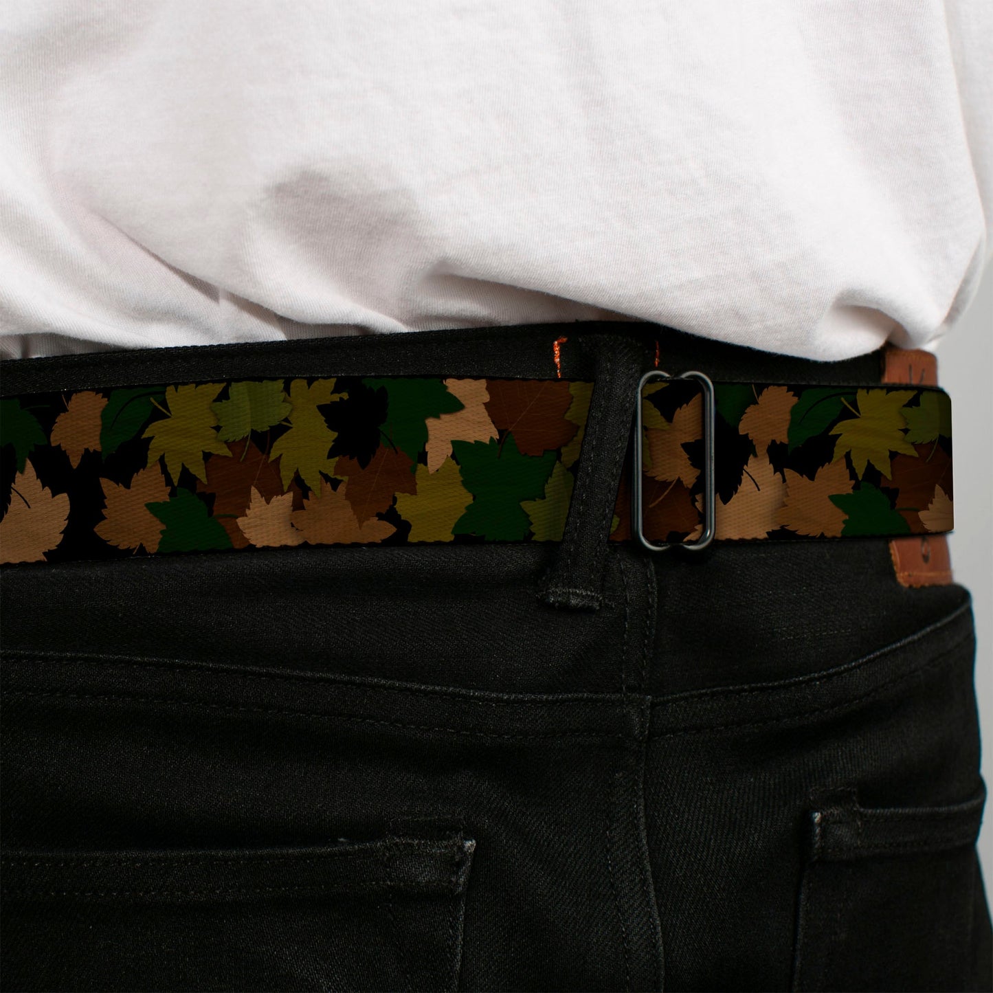 BD Wings Logo CLOSE-UP Full Color Black Silver Seatbelt Belt - Leaf/Branch Camo Tan/Browns/Greens Webbing