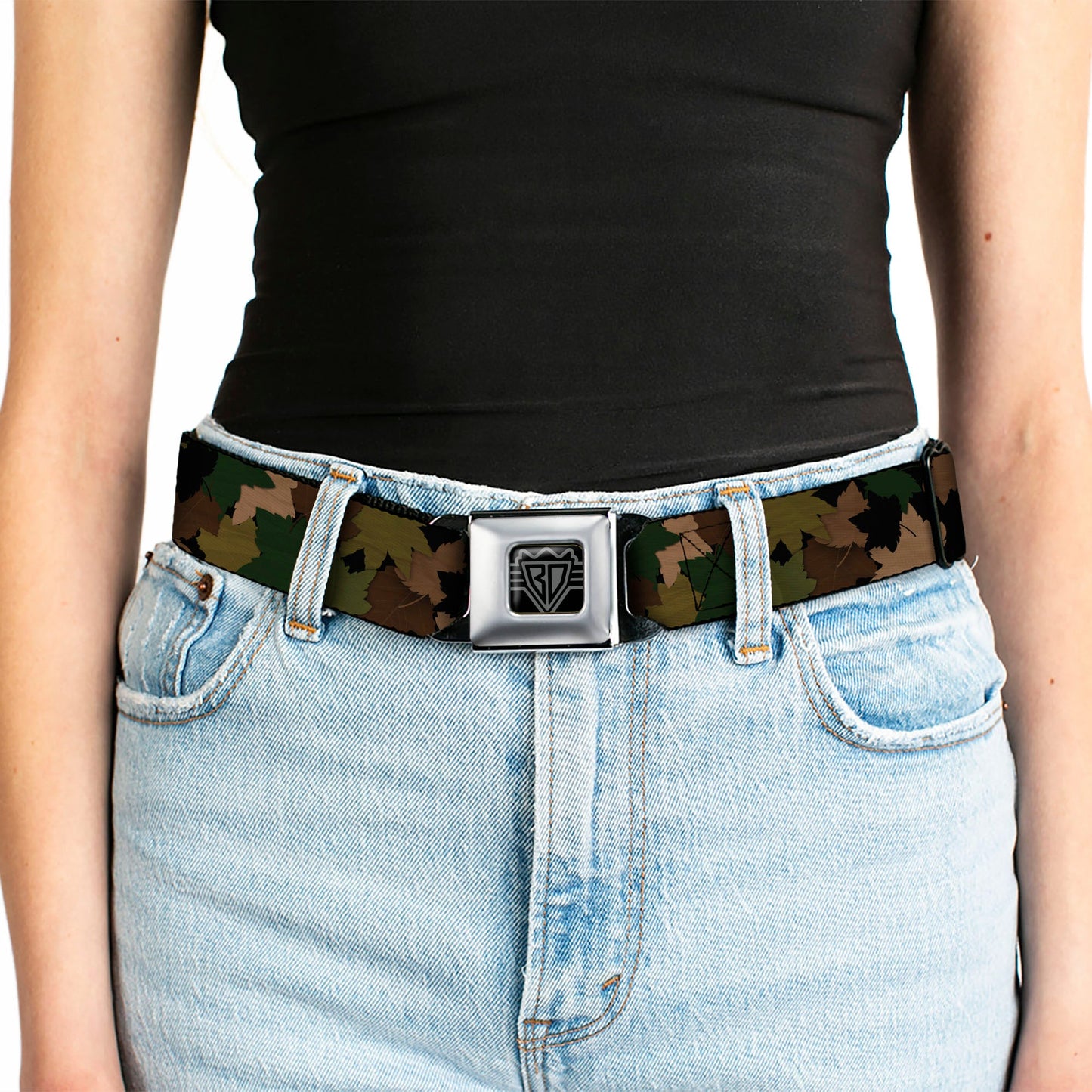 BD Wings Logo CLOSE-UP Full Color Black Silver Seatbelt Belt - Leaf/Branch Camo Tan/Browns/Greens Webbing