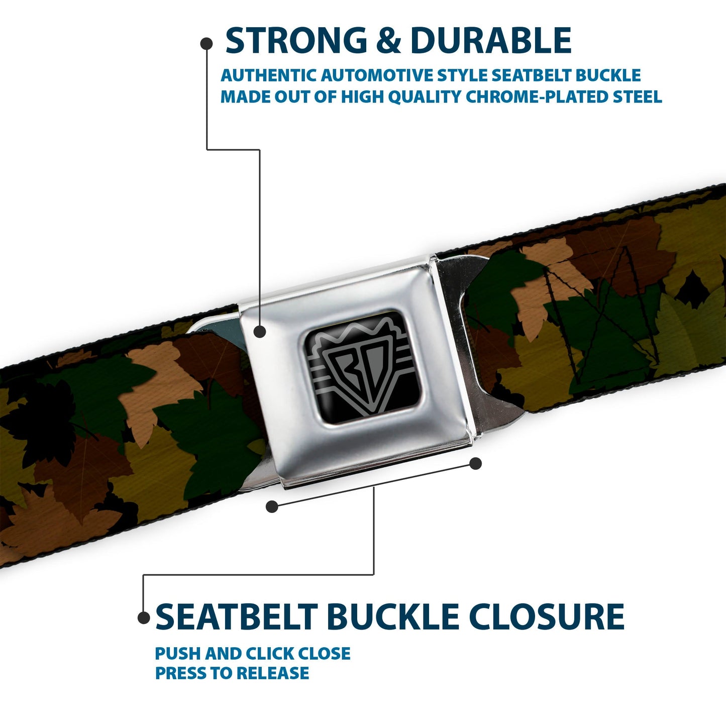 BD Wings Logo CLOSE-UP Full Color Black Silver Seatbelt Belt - Leaf/Branch Camo Tan/Browns/Greens Webbing