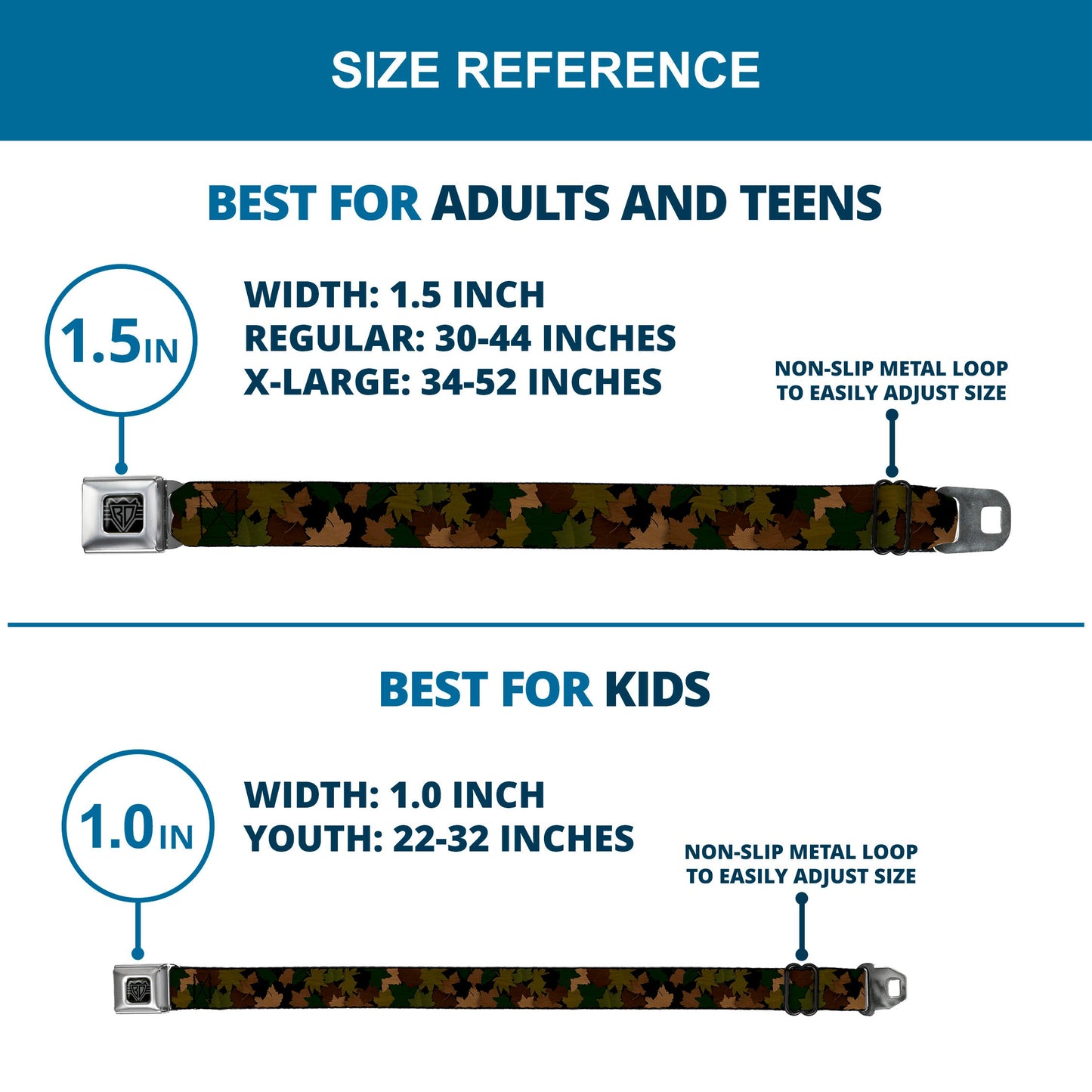 BD Wings Logo CLOSE-UP Full Color Black Silver Seatbelt Belt - Leaf/Branch Camo Tan/Browns/Greens Webbing