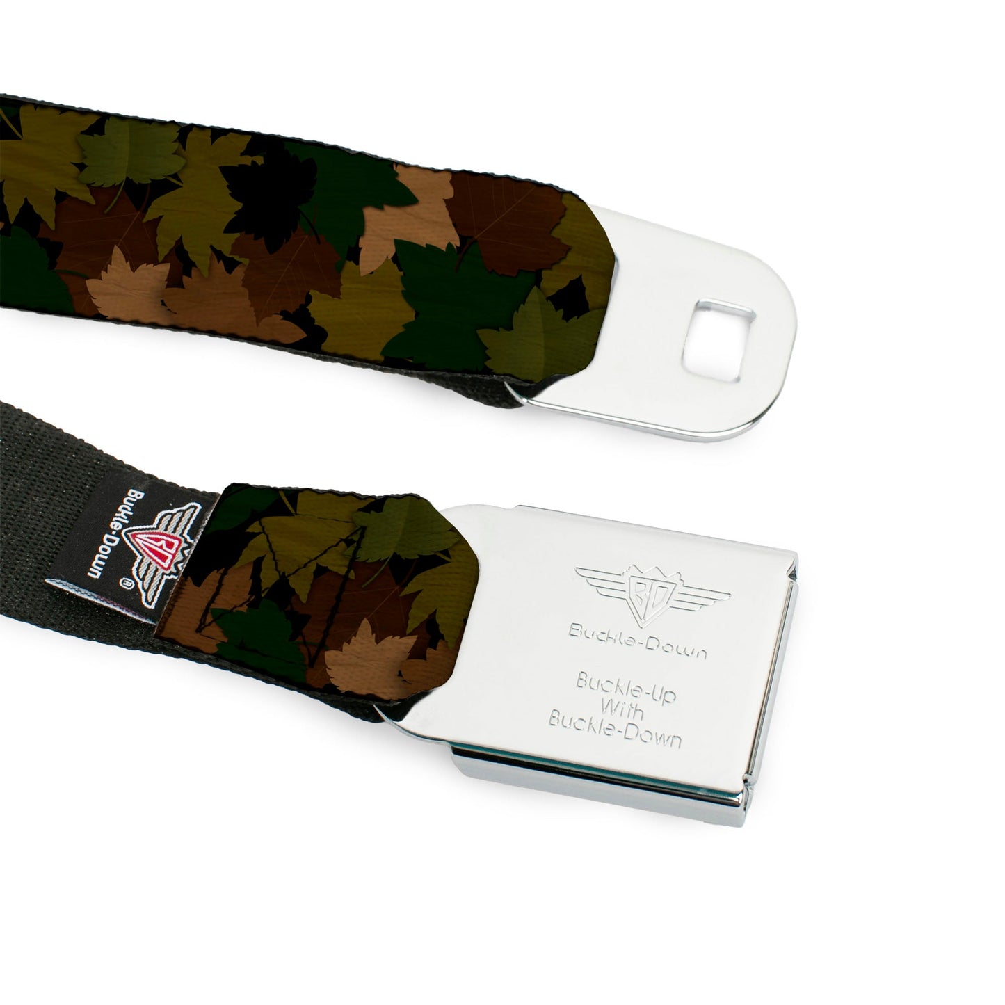 BD Wings Logo CLOSE-UP Full Color Black Silver Seatbelt Belt - Leaf/Branch Camo Tan/Browns/Greens Webbing