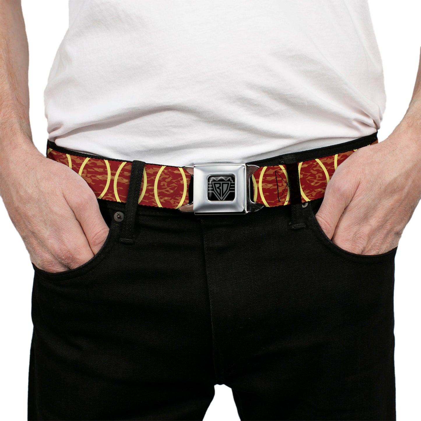 BD Wings Logo CLOSE-UP Full Color Black Silver Seatbelt Belt - Rings Camo Burnt Orange/Yellow Webbing