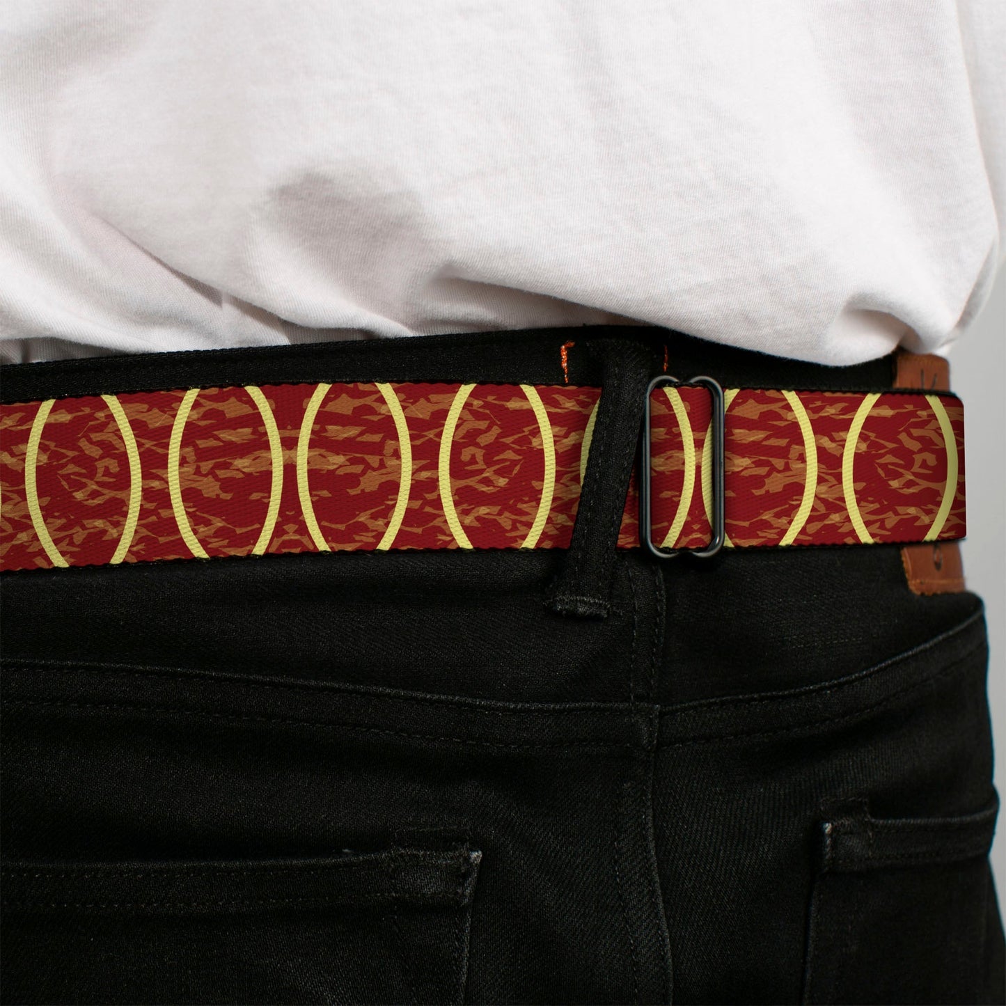BD Wings Logo CLOSE-UP Full Color Black Silver Seatbelt Belt - Rings Camo Burnt Orange/Yellow Webbing