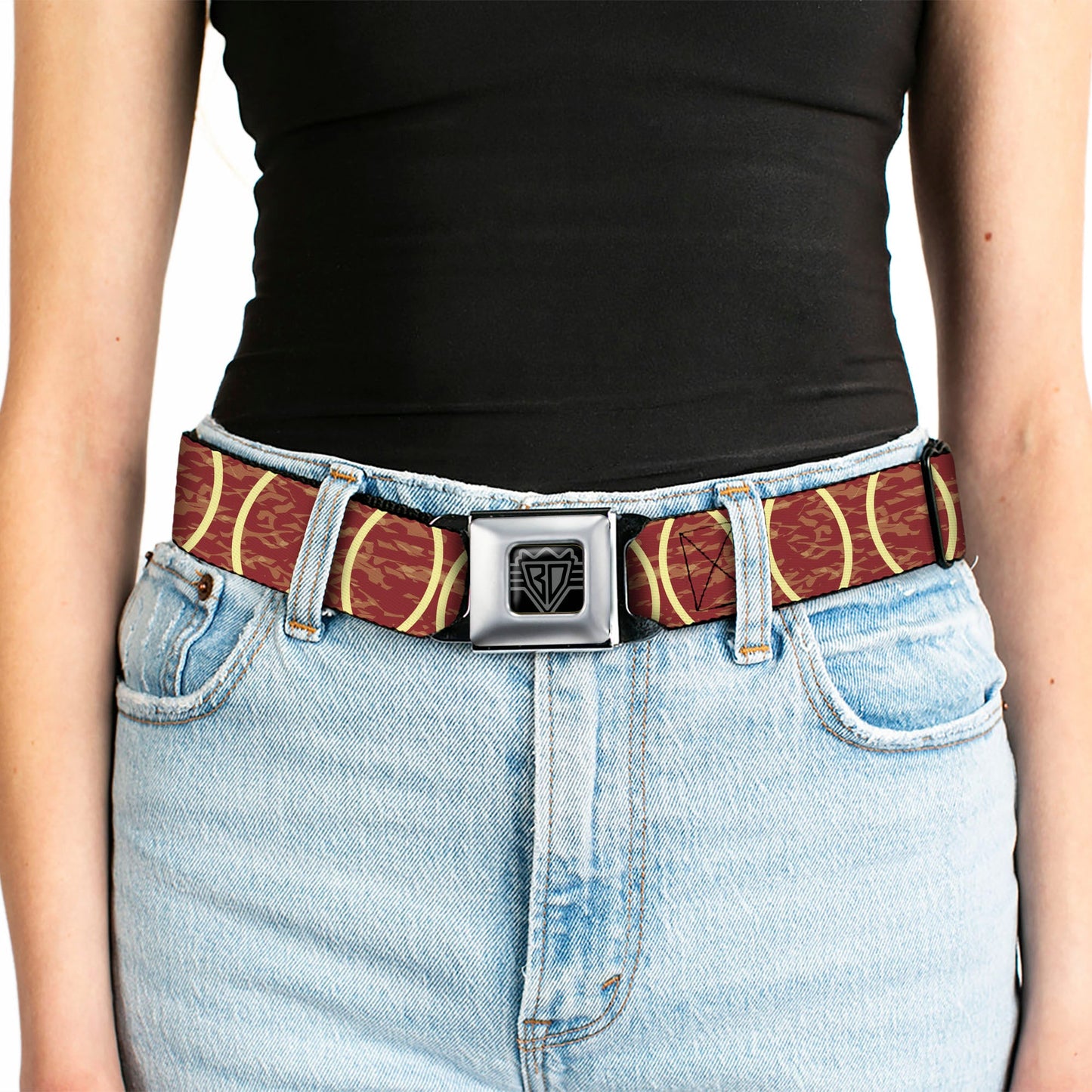 BD Wings Logo CLOSE-UP Full Color Black Silver Seatbelt Belt - Rings Camo Burnt Orange/Yellow Webbing