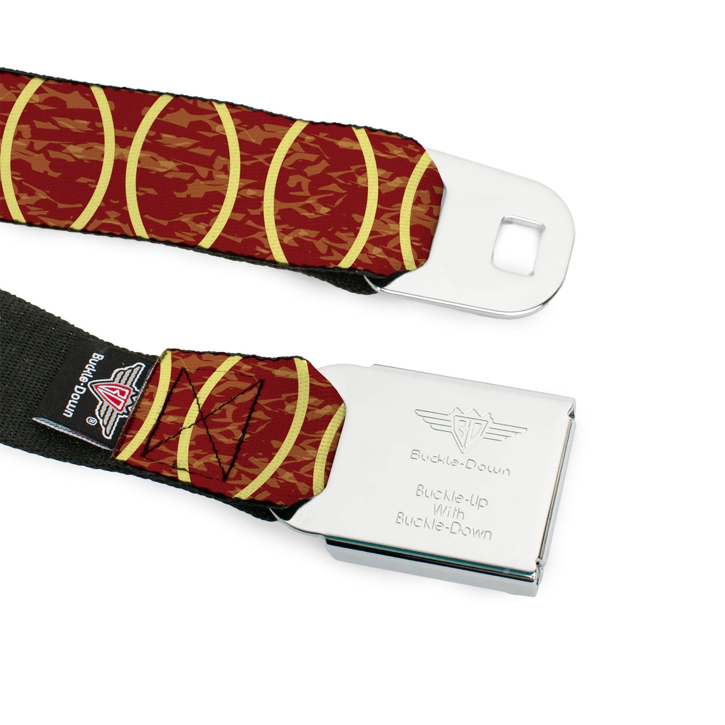 BD Wings Logo CLOSE-UP Full Color Black Silver Seatbelt Belt - Rings Camo Burnt Orange/Yellow Webbing