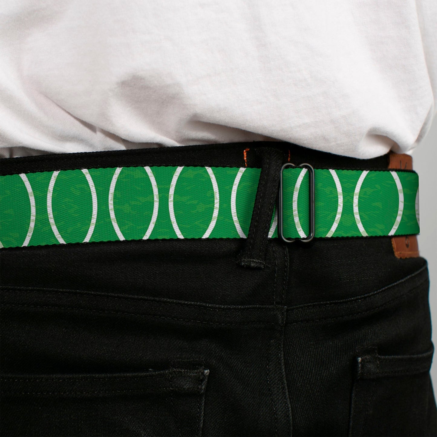 BD Wings Logo CLOSE-UP Full Color Black Silver Seatbelt Belt - Rings Camo Neon Green/White Webbing