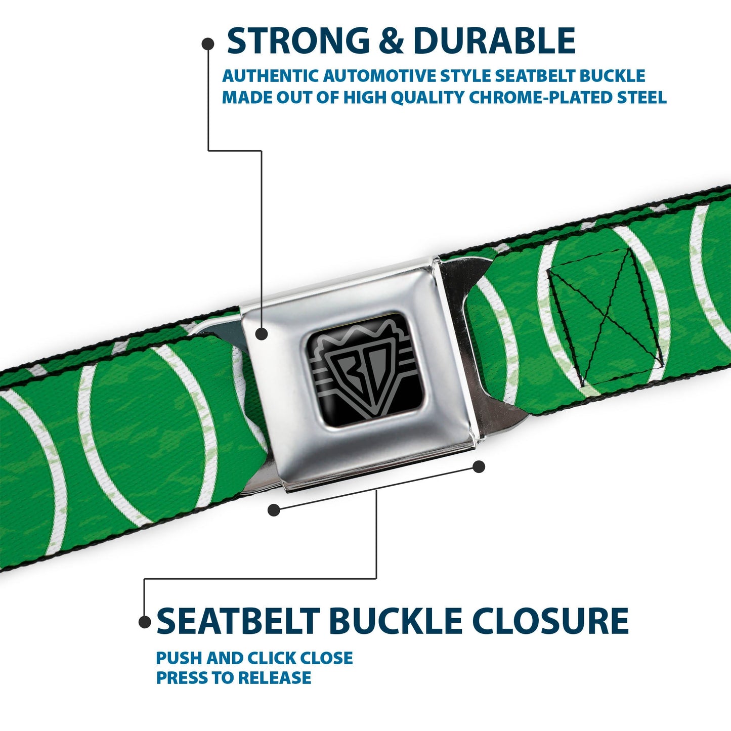 BD Wings Logo CLOSE-UP Full Color Black Silver Seatbelt Belt - Rings Camo Neon Green/White Webbing
