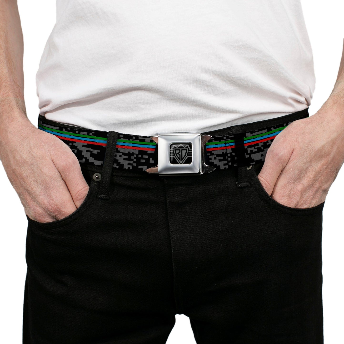BD Wings Logo CLOSE-UP Full Color Black Silver Seatbelt Belt - Racing Stripes/Digital Camo Black/Gray/Green/Blue/Red Webbing