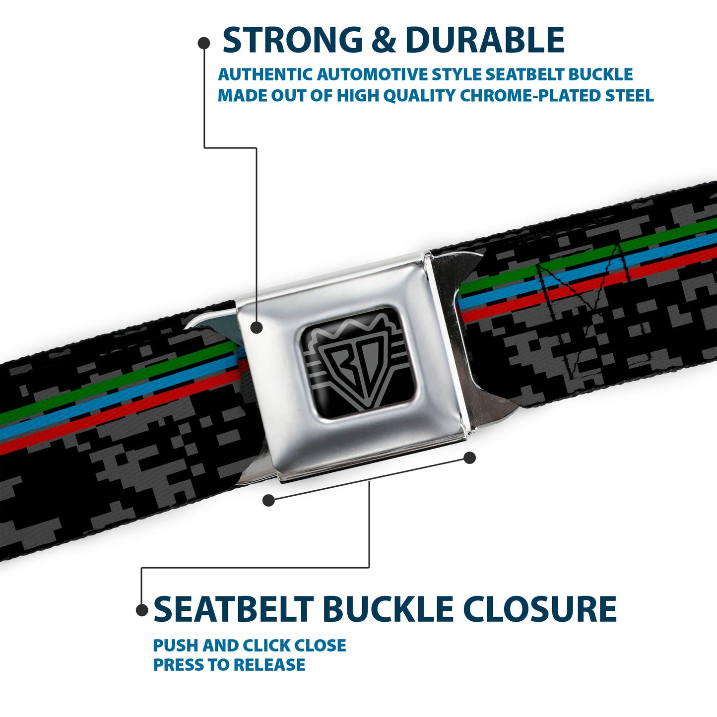 BD Wings Logo CLOSE-UP Full Color Black Silver Seatbelt Belt - Racing Stripes/Digital Camo Black/Gray/Green/Blue/Red Webbing