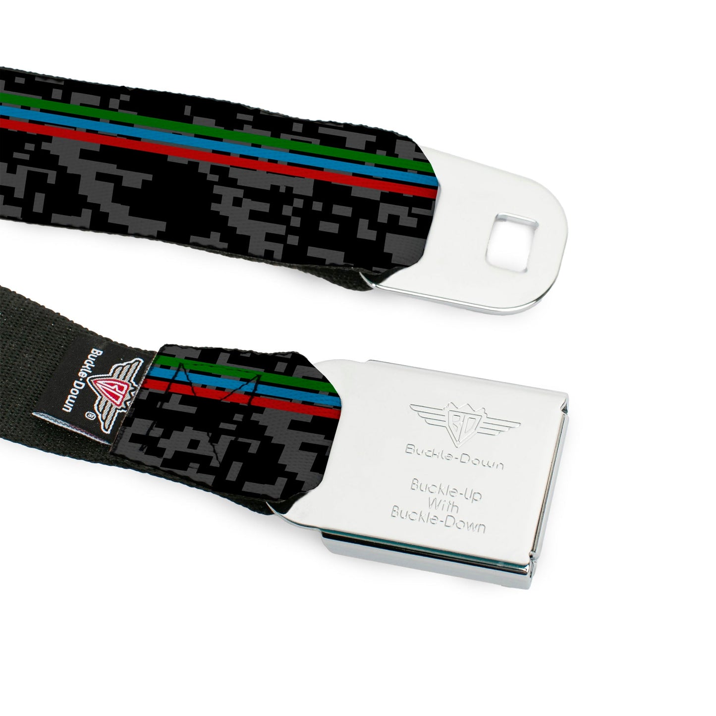 BD Wings Logo CLOSE-UP Full Color Black Silver Seatbelt Belt - Racing Stripes/Digital Camo Black/Gray/Green/Blue/Red Webbing