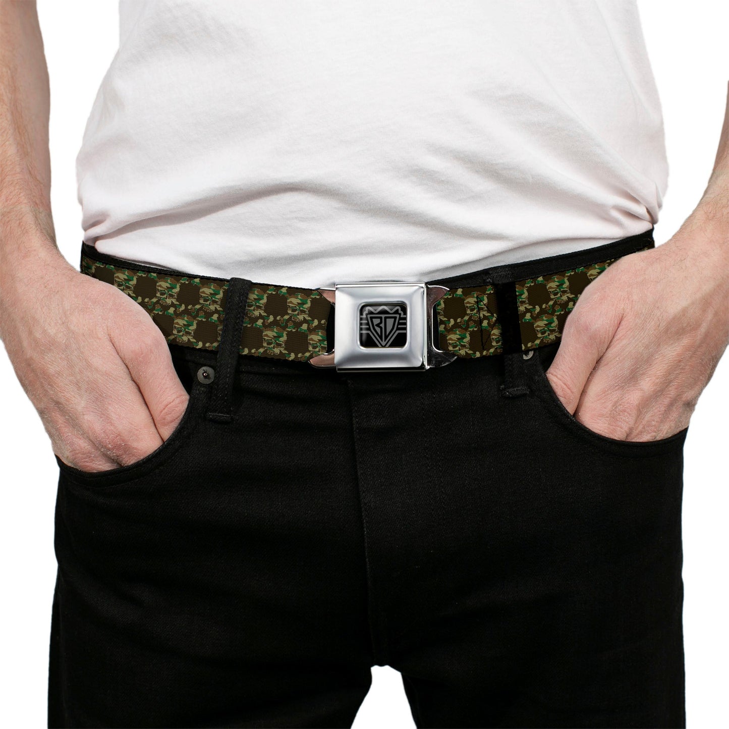 BD Wings Logo CLOSE-UP Full Color Black Silver Seatbelt Belt - Top Skulls Black/Camo Olive Webbing