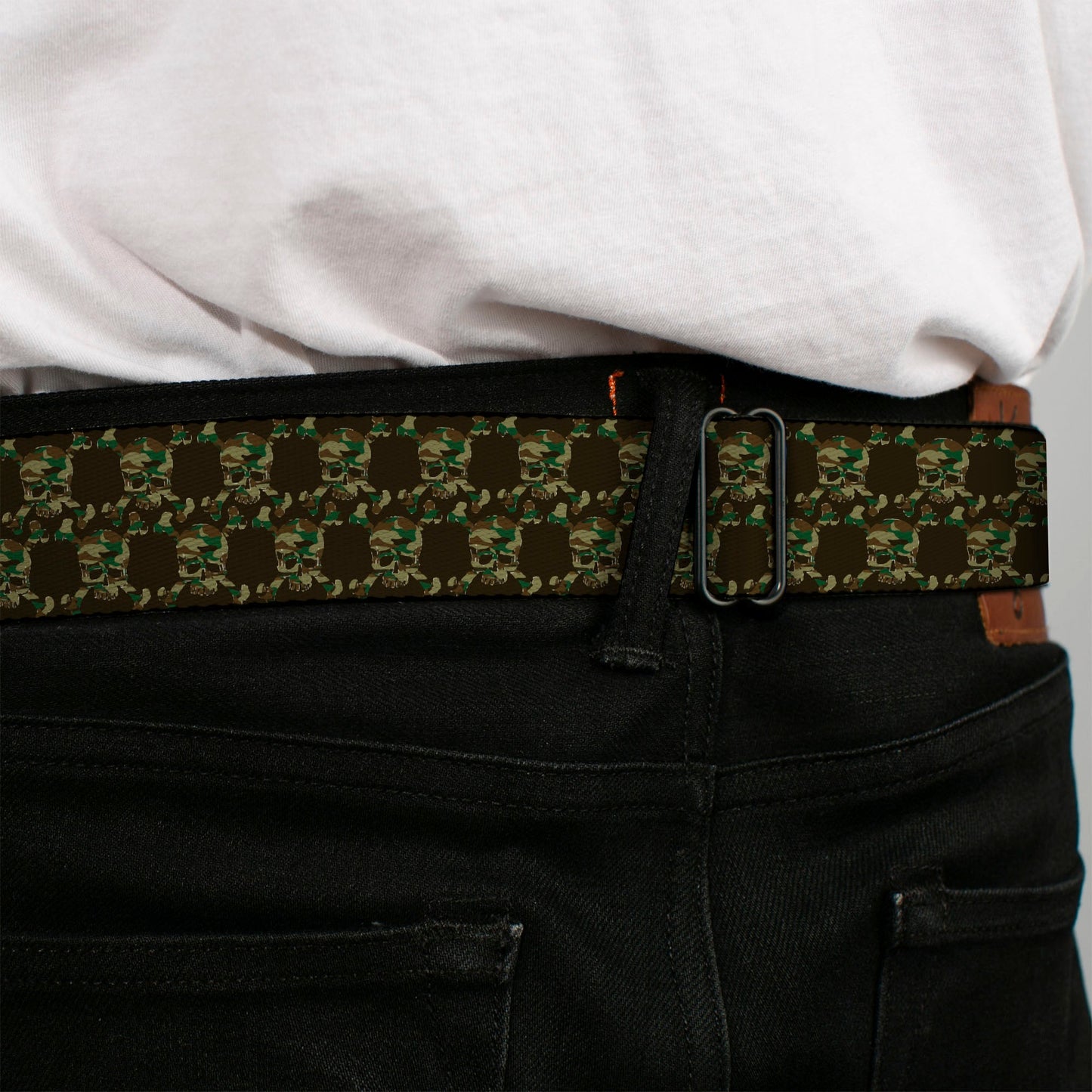 BD Wings Logo CLOSE-UP Full Color Black Silver Seatbelt Belt - Top Skulls Black/Camo Olive Webbing