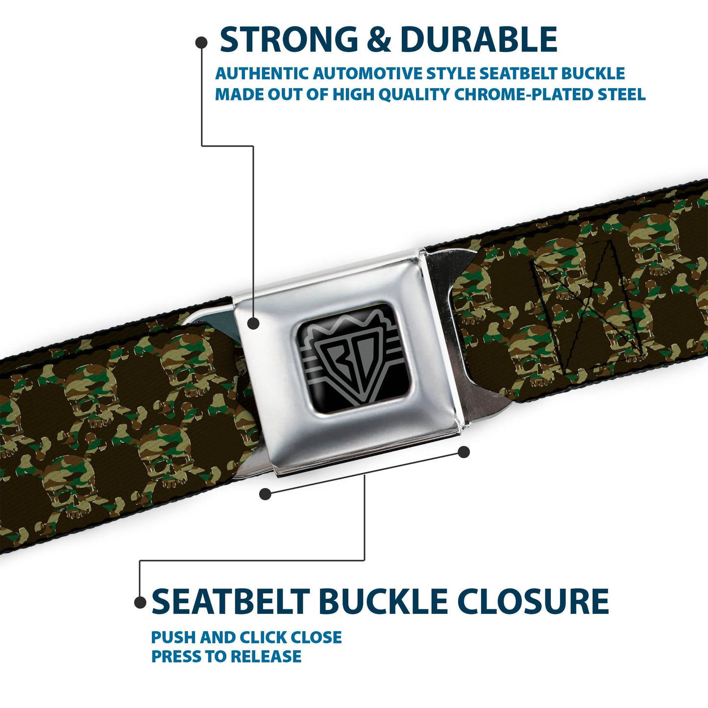 BD Wings Logo CLOSE-UP Full Color Black Silver Seatbelt Belt - Top Skulls Black/Camo Olive Webbing