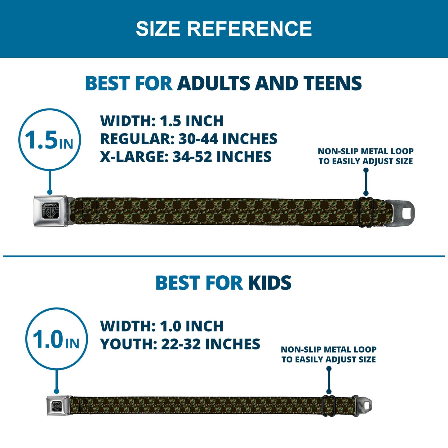 BD Wings Logo CLOSE-UP Full Color Black Silver Seatbelt Belt - Top Skulls Black/Camo Olive Webbing