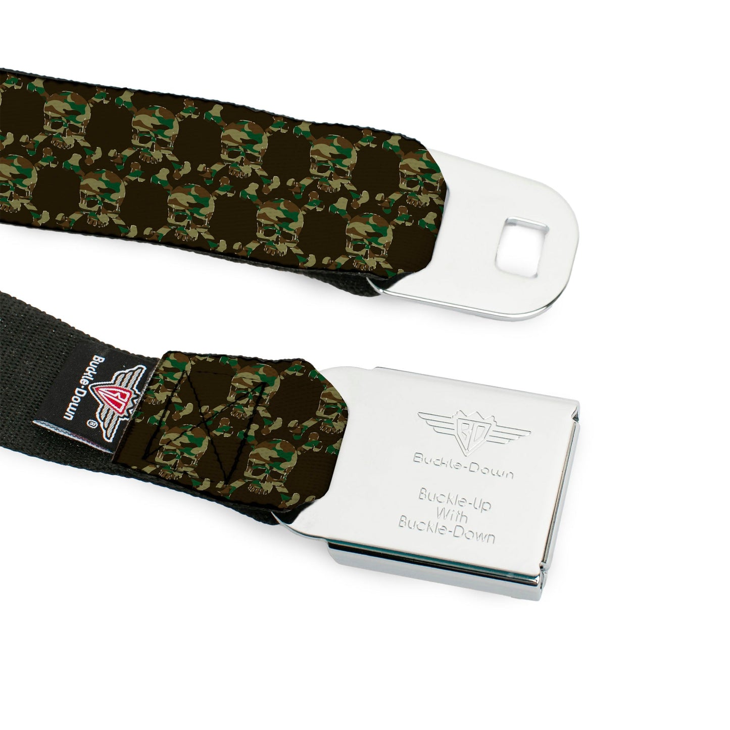 BD Wings Logo CLOSE-UP Full Color Black Silver Seatbelt Belt - Top Skulls Black/Camo Olive Webbing