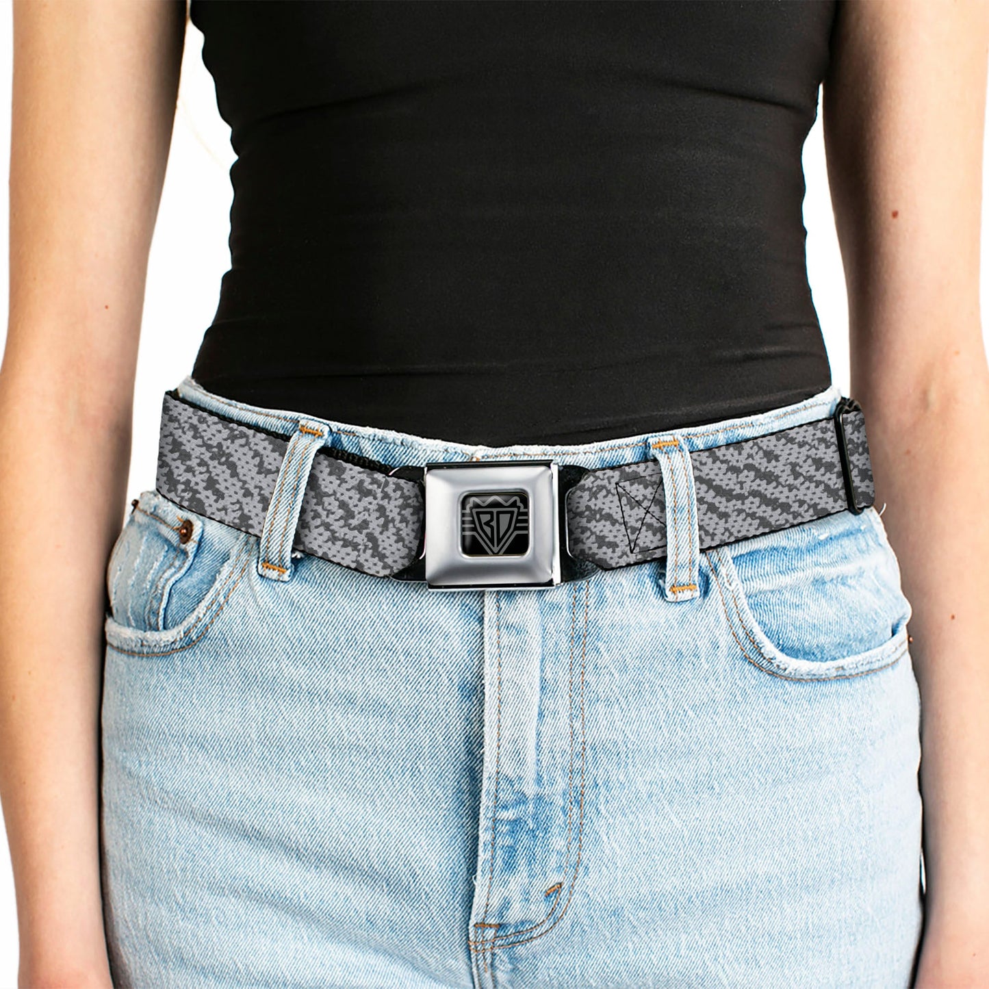 BD Wings Logo CLOSE-UP Full Color Black Silver Seatbelt Belt - Urban Camo Grays Webbing