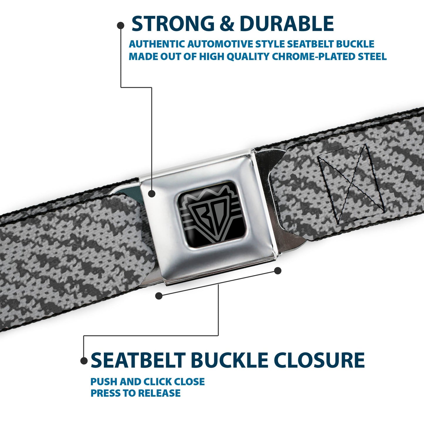 BD Wings Logo CLOSE-UP Full Color Black Silver Seatbelt Belt - Urban Camo Grays Webbing