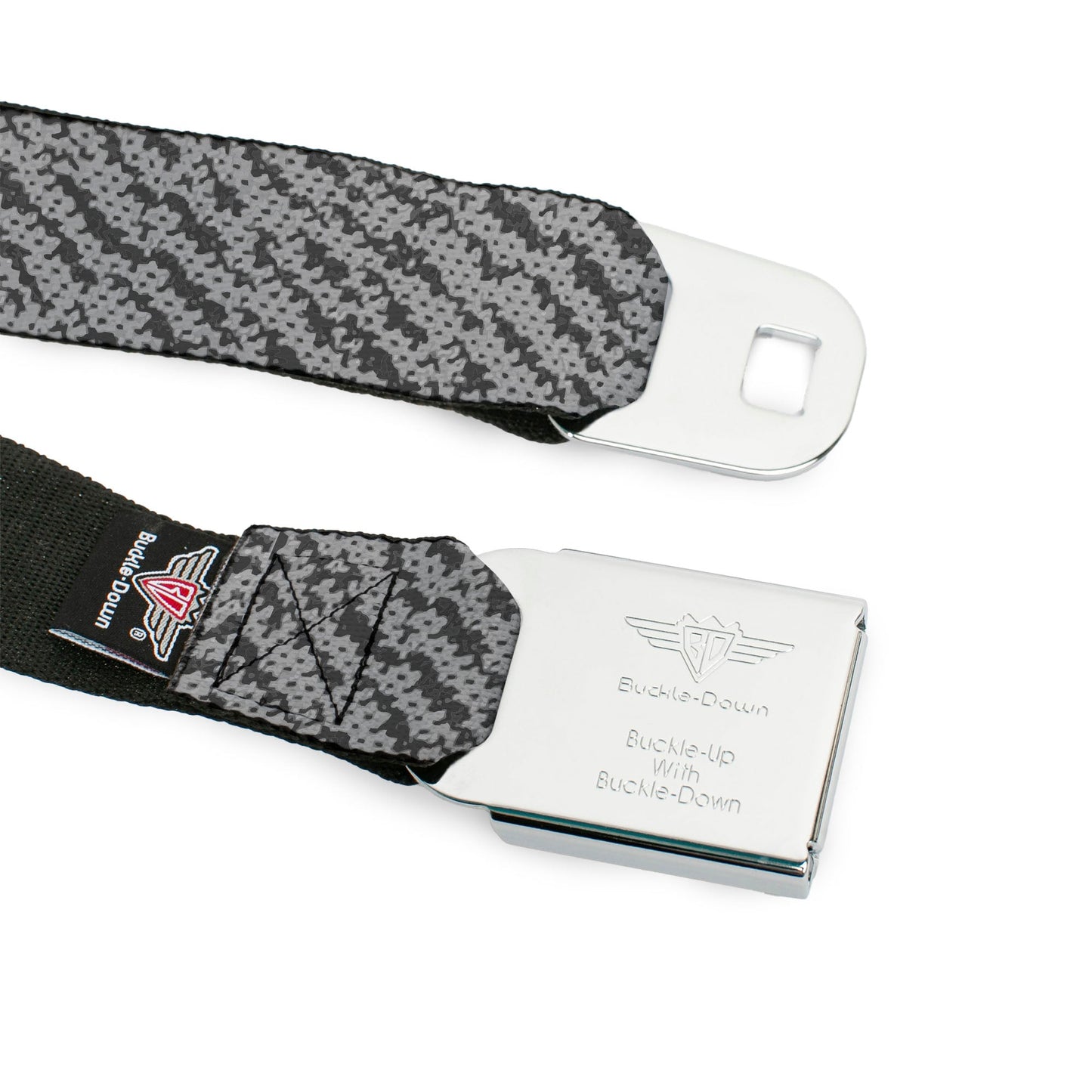 BD Wings Logo CLOSE-UP Full Color Black Silver Seatbelt Belt - Urban Camo Grays Webbing