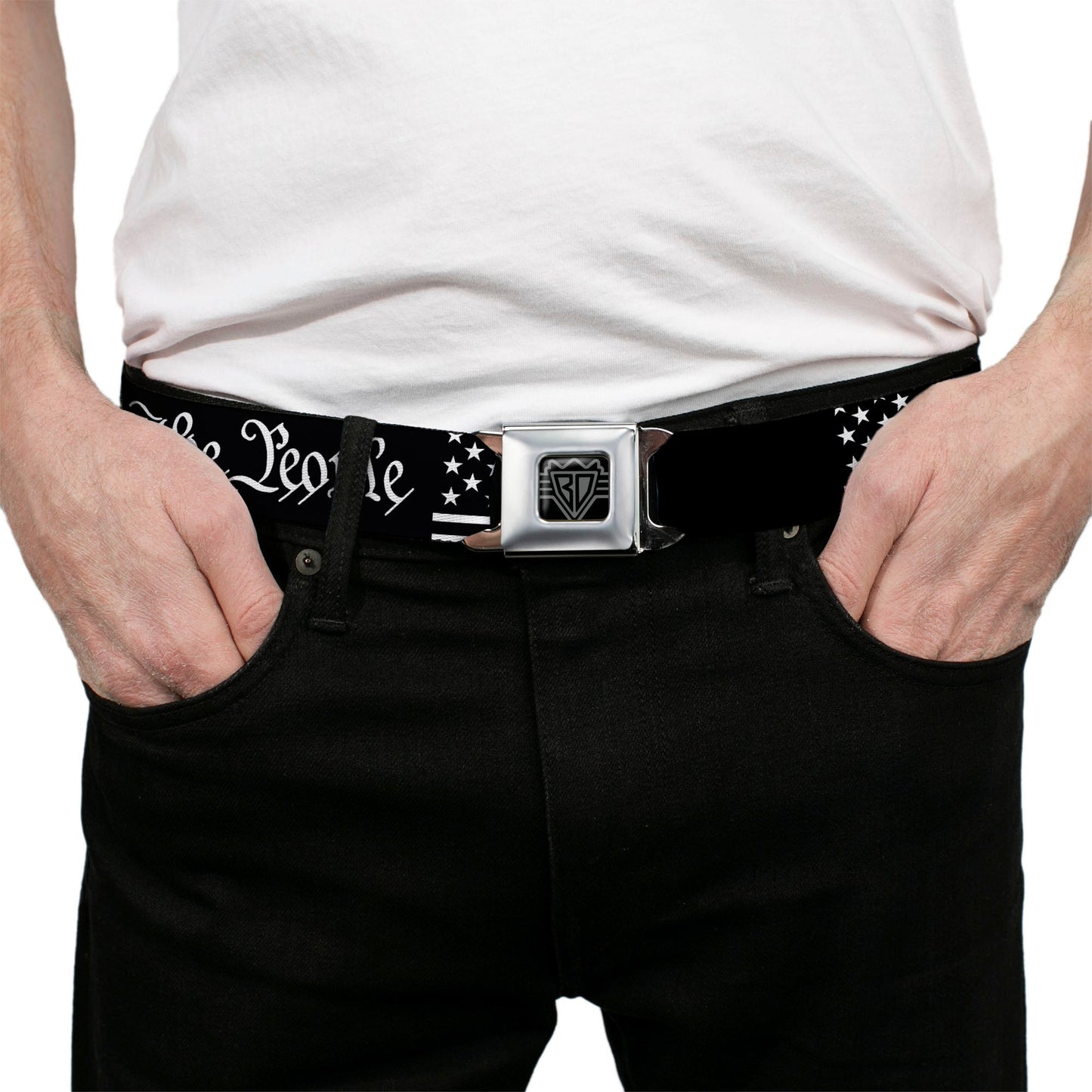 BD Wings Logo CLOSE-UP Black/Silver Seatbelt Belt - Americana Flag/WE THE PEOPLE Black/White Webbing