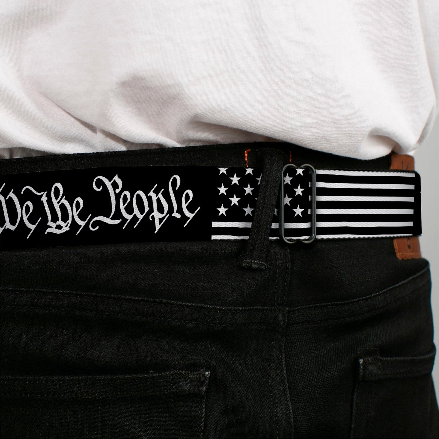 BD Wings Logo CLOSE-UP Black/Silver Seatbelt Belt - Americana Flag/WE THE PEOPLE Black/White Webbing