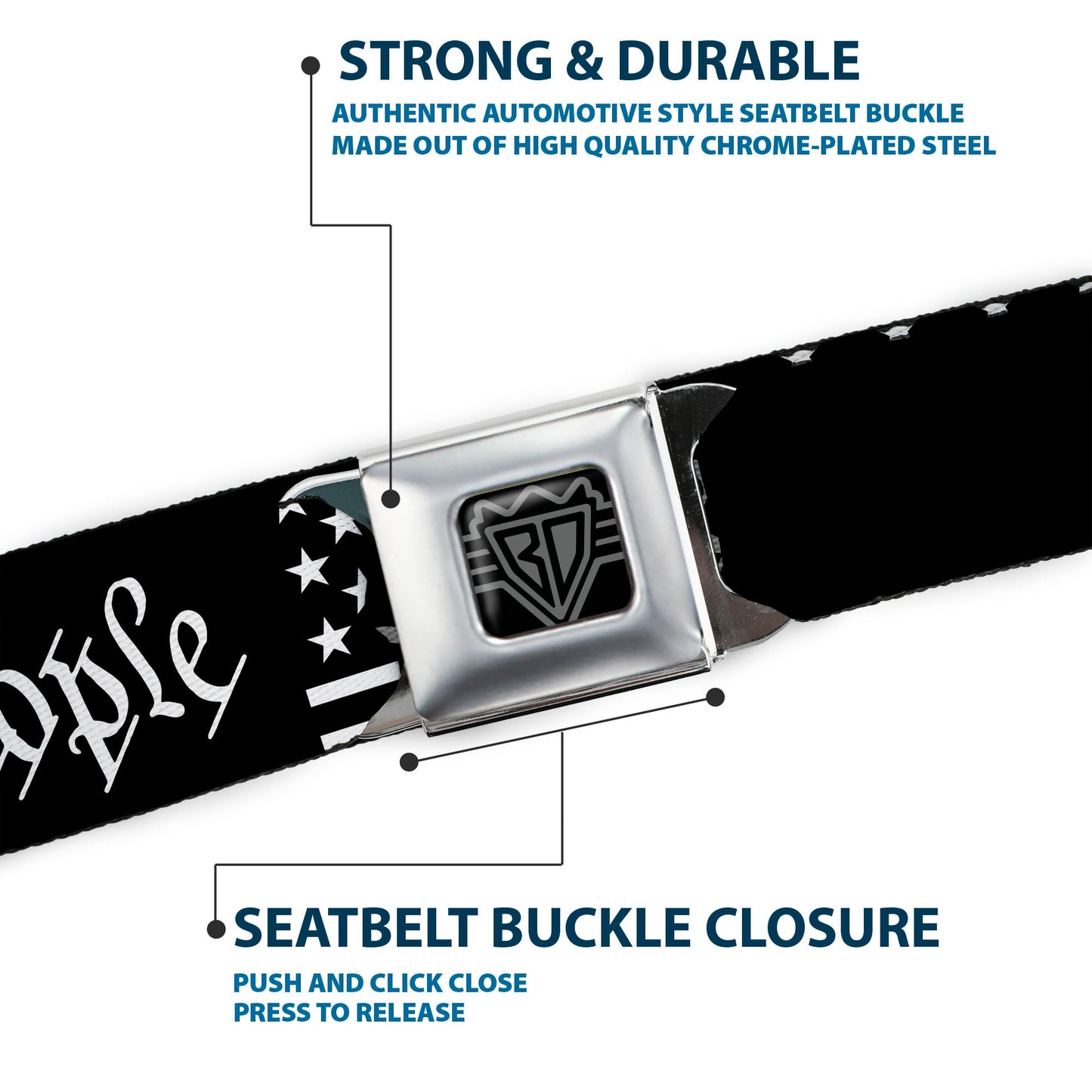 BD Wings Logo CLOSE-UP Black/Silver Seatbelt Belt - Americana Flag/WE THE PEOPLE Black/White Webbing
