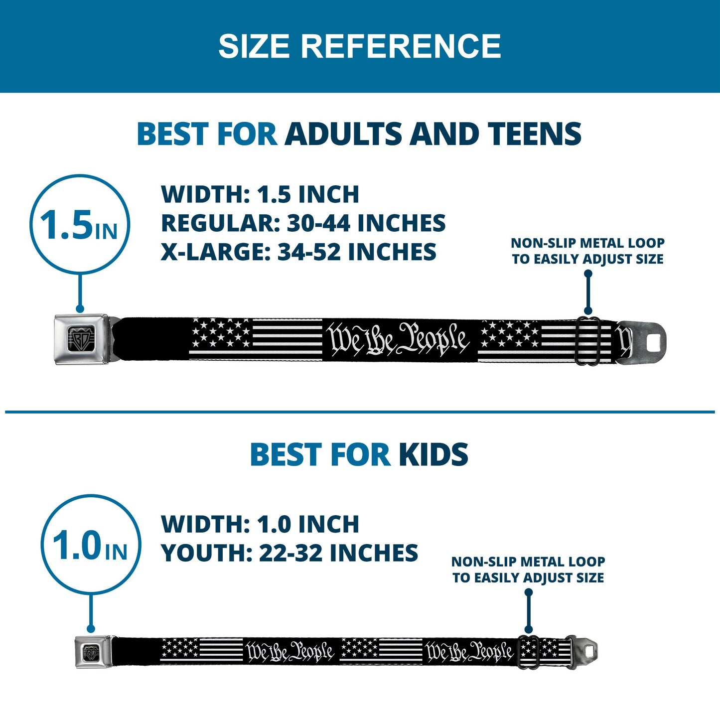 BD Wings Logo CLOSE-UP Black/Silver Seatbelt Belt - Americana Flag/WE THE PEOPLE Black/White Webbing