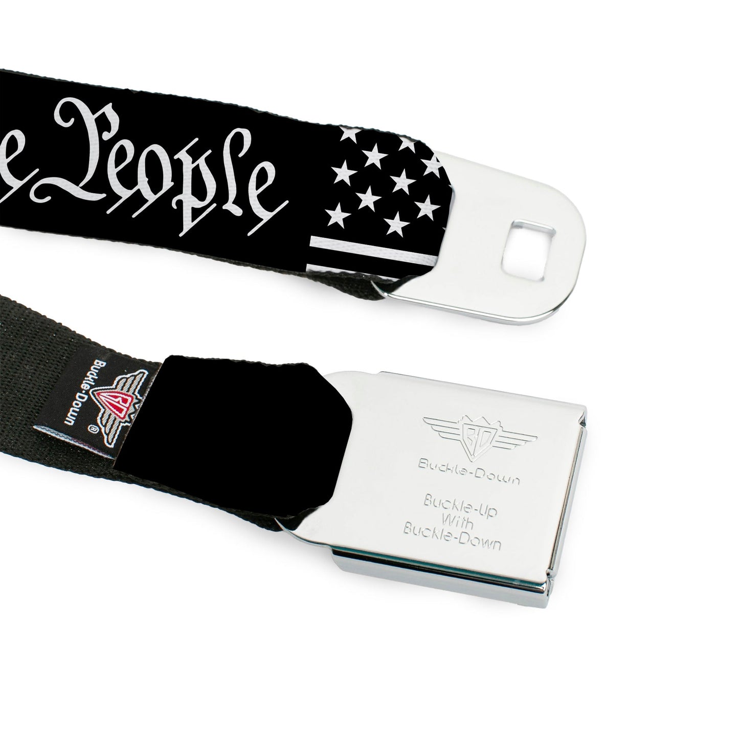 BD Wings Logo CLOSE-UP Black/Silver Seatbelt Belt - Americana Flag/WE THE PEOPLE Black/White Webbing
