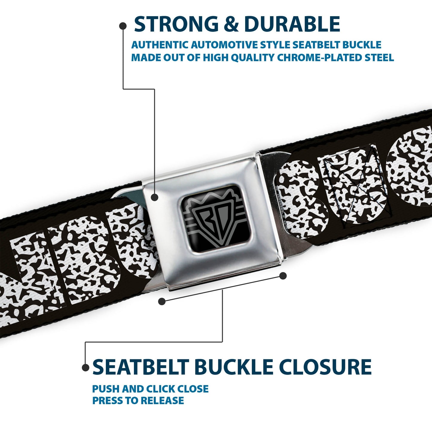 BD Wings Logo CLOSE-UP Full Color Black Silver Seatbelt Belt - BUCKLE-DOWN Shapes Black/Camo White/Black Webbing
