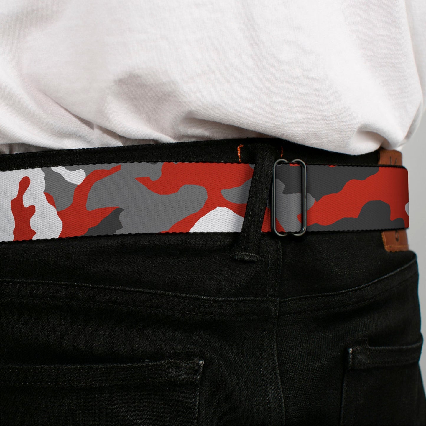 BD Wings Logo CLOSE-UP Full Color Black Silver Seatbelt Belt - Camo Orange Webbing