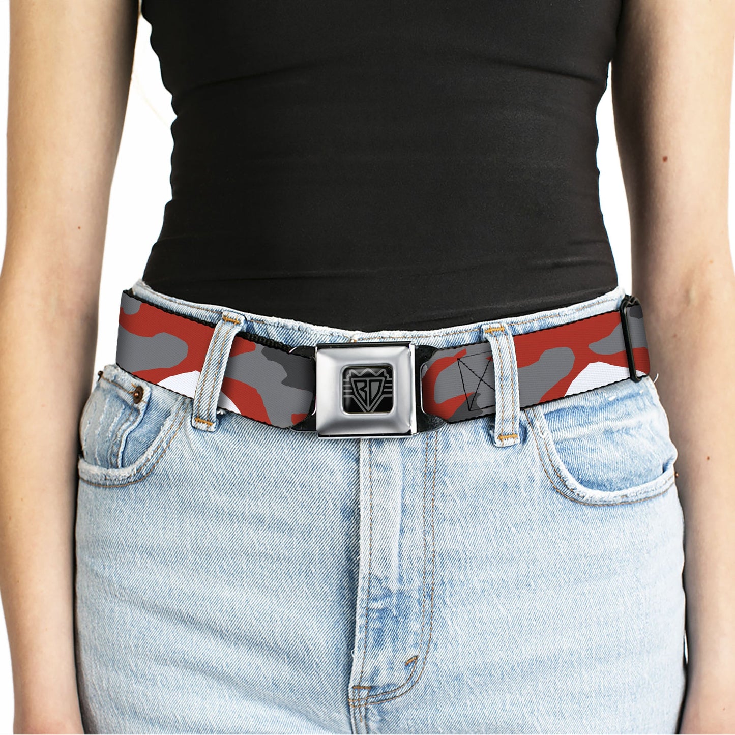 BD Wings Logo CLOSE-UP Full Color Black Silver Seatbelt Belt - Camo Orange Webbing