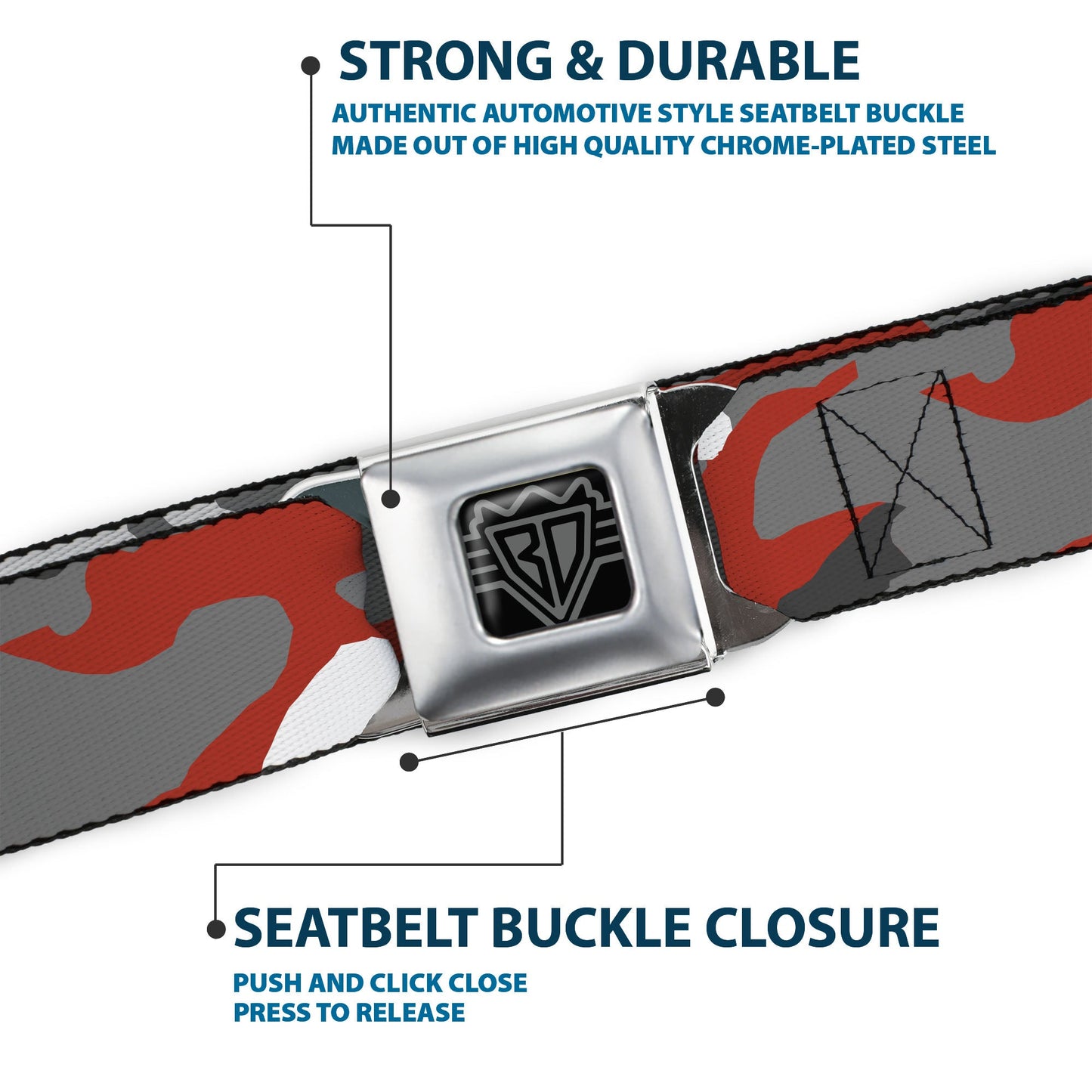 BD Wings Logo CLOSE-UP Full Color Black Silver Seatbelt Belt - Camo Orange Webbing